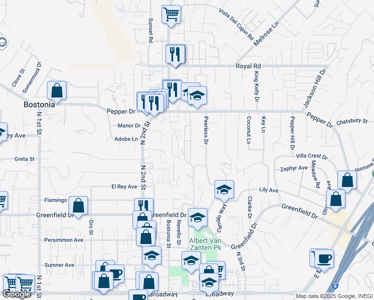 map of restaurants, bars, coffee shops, grocery stores, and more near 1351 Pepper Drive in El Cajon