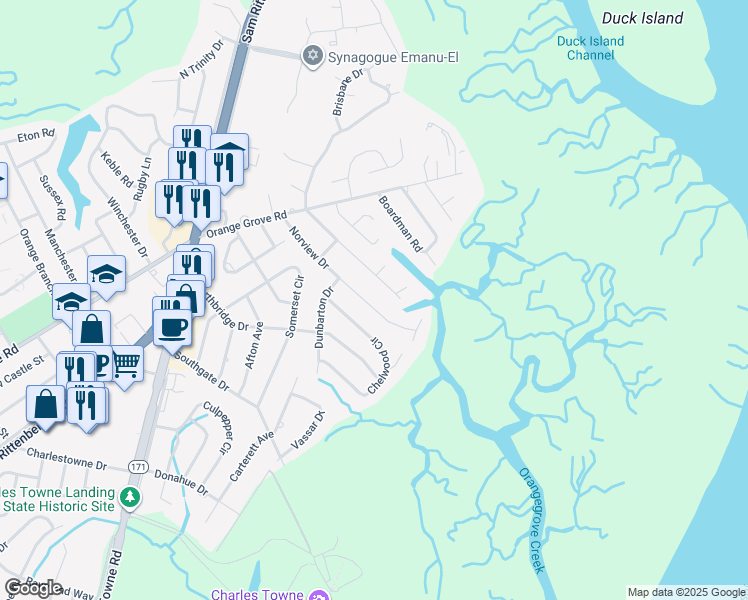 map of restaurants, bars, coffee shops, grocery stores, and more near 64 Norview Drive in Charleston