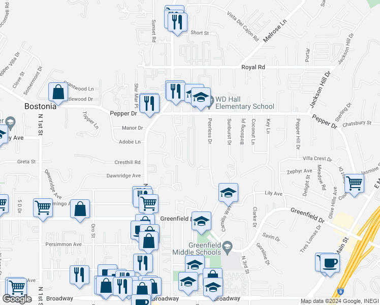 map of restaurants, bars, coffee shops, grocery stores, and more near 1351 Pepper Drive in El Cajon