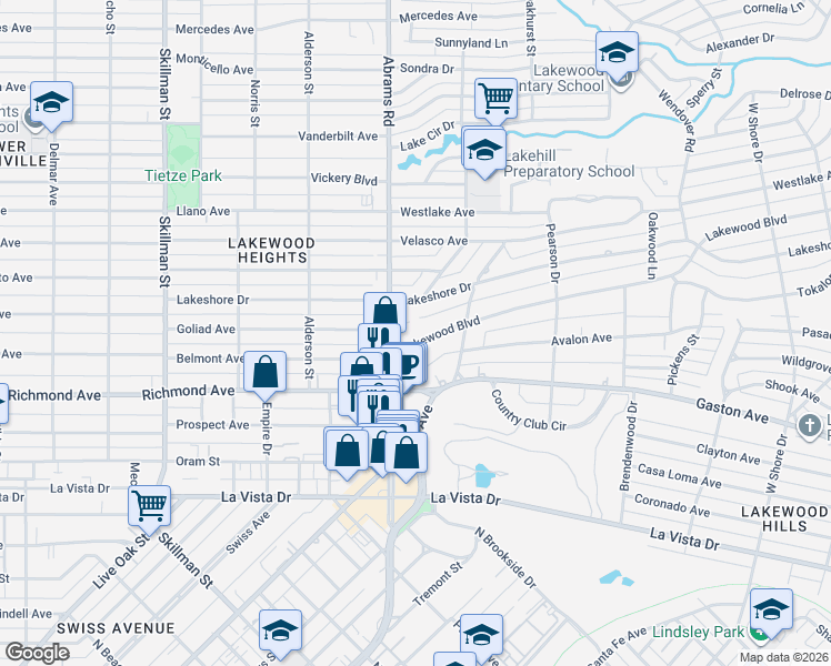 map of restaurants, bars, coffee shops, grocery stores, and more near 6445 Lakewood Boulevard in Dallas