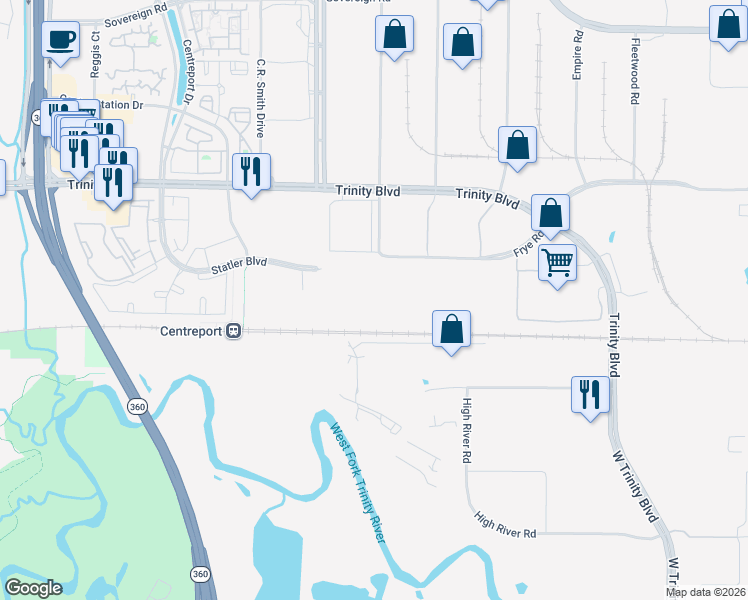 map of restaurants, bars, coffee shops, grocery stores, and more near 14800 Frye Road in Fort Worth