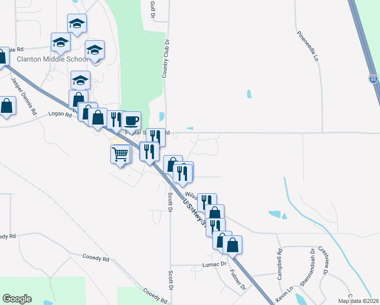 map of restaurants, bars, coffee shops, grocery stores, and more near 98 Spring Lake Boulevard in Clanton