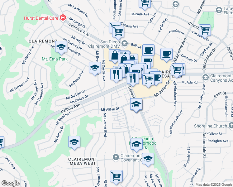 map of restaurants, bars, coffee shops, grocery stores, and more near 4176 Balboa Way in San Diego