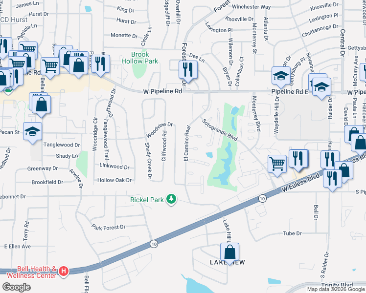 map of restaurants, bars, coffee shops, grocery stores, and more near 1330 El Camino Real in Euless