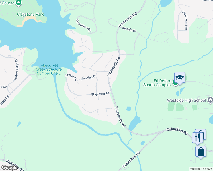 map of restaurants, bars, coffee shops, grocery stores, and more near 2675 Pineworth Road in Macon