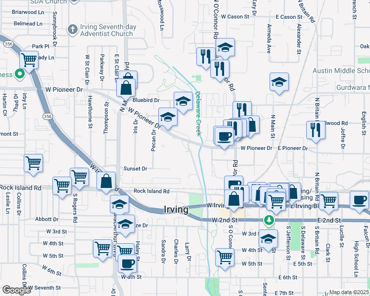 map of restaurants, bars, coffee shops, grocery stores, and more near 700 W Pioneer Dr in Irving