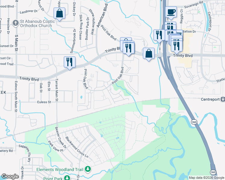 map of restaurants, bars, coffee shops, grocery stores, and more near 3808 Post Oak Boulevard in Euless