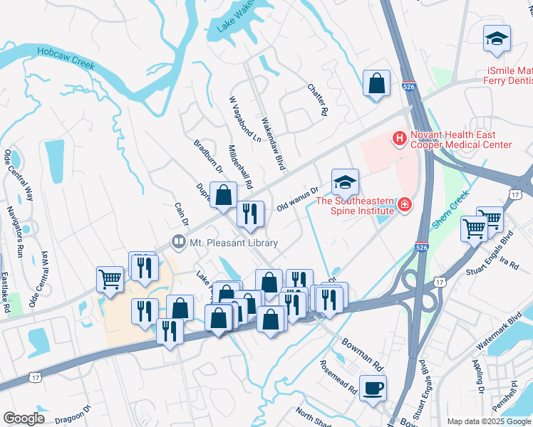 map of restaurants, bars, coffee shops, grocery stores, and more near 1224 Old wanus Drive in Mount Pleasant