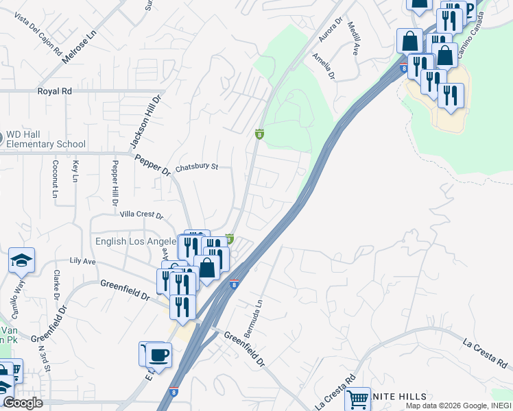 map of restaurants, bars, coffee shops, grocery stores, and more near 1866 Emily Street in El Cajon