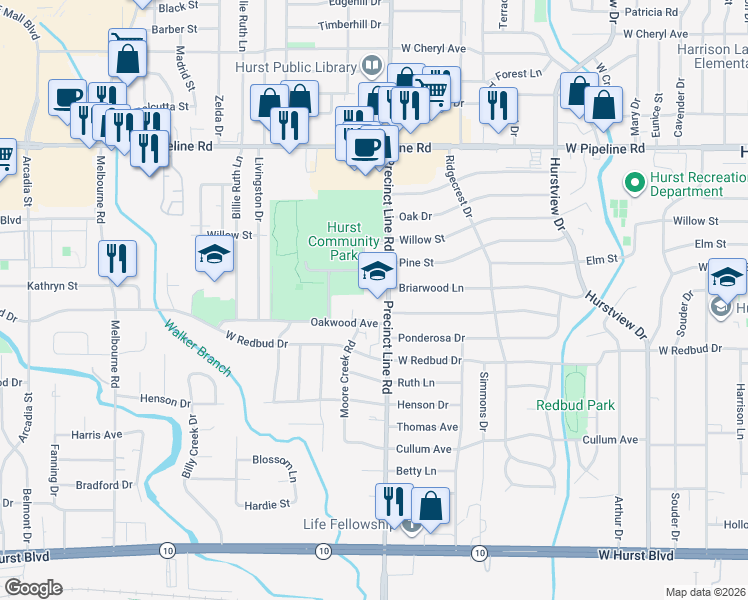 map of restaurants, bars, coffee shops, grocery stores, and more near 501 Precinct Line Road in Hurst