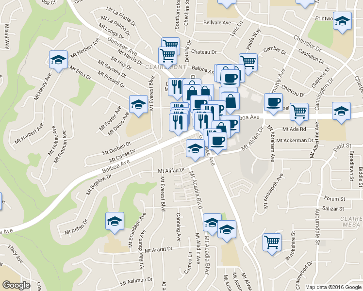 map of restaurants, bars, coffee shops, grocery stores, and more near 4185 Balboa Way in San Diego