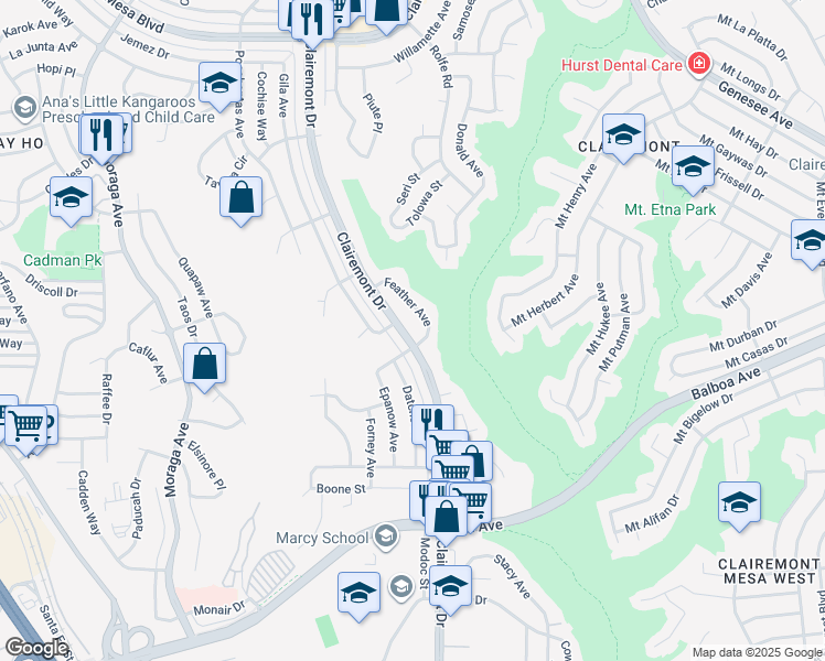 map of restaurants, bars, coffee shops, grocery stores, and more near 4243 Clairemont Drive in San Diego
