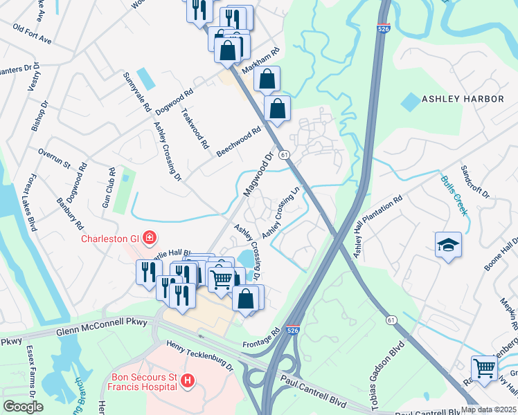 map of restaurants, bars, coffee shops, grocery stores, and more near 2330 Ashley River Road in Charleston