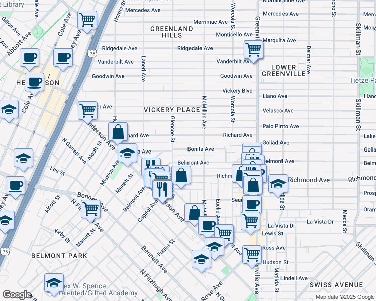 map of restaurants, bars, coffee shops, grocery stores, and more near 5443 Bonita Avenue in Dallas