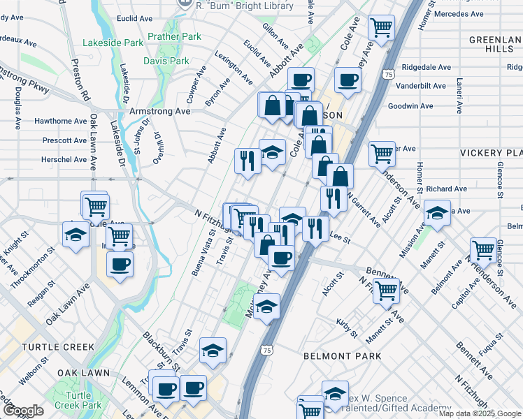 map of restaurants, bars, coffee shops, grocery stores, and more near 104 Lee Street in Dallas