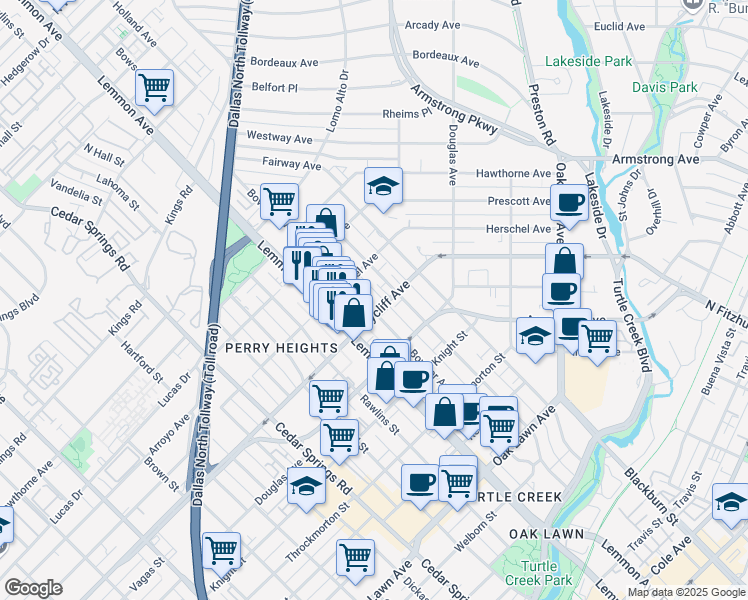 map of restaurants, bars, coffee shops, grocery stores, and more near 5 Holland Avenue in Dallas