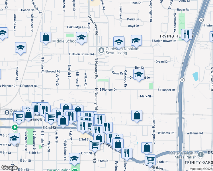 map of restaurants, bars, coffee shops, grocery stores, and more near 1017 East Pioneer Drive in Irving