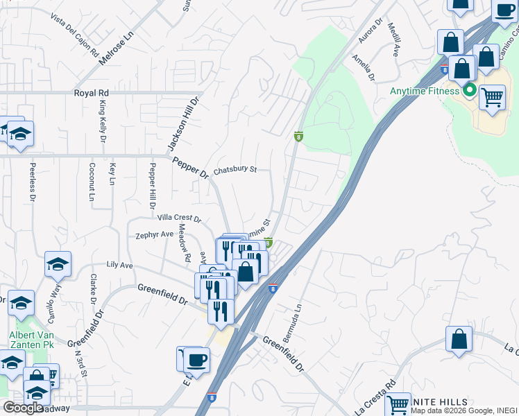 map of restaurants, bars, coffee shops, grocery stores, and more near 1828 Jasmine Street in El Cajon