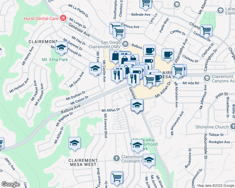 map of restaurants, bars, coffee shops, grocery stores, and more near 4185 Balboa Way in San Diego
