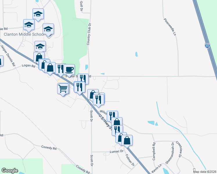 map of restaurants, bars, coffee shops, grocery stores, and more near Spring Lake Boulevard in Clanton