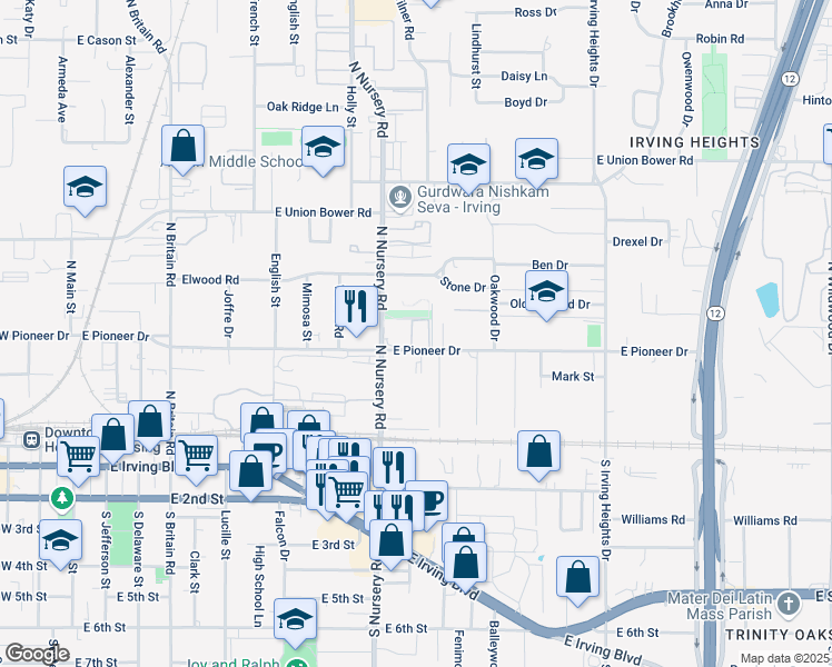 map of restaurants, bars, coffee shops, grocery stores, and more near 1017 East Pioneer Drive in Irving