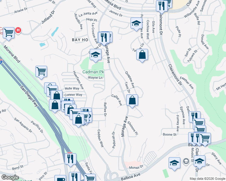 map of restaurants, bars, coffee shops, grocery stores, and more near 4235 Tacoma Street in San Diego
