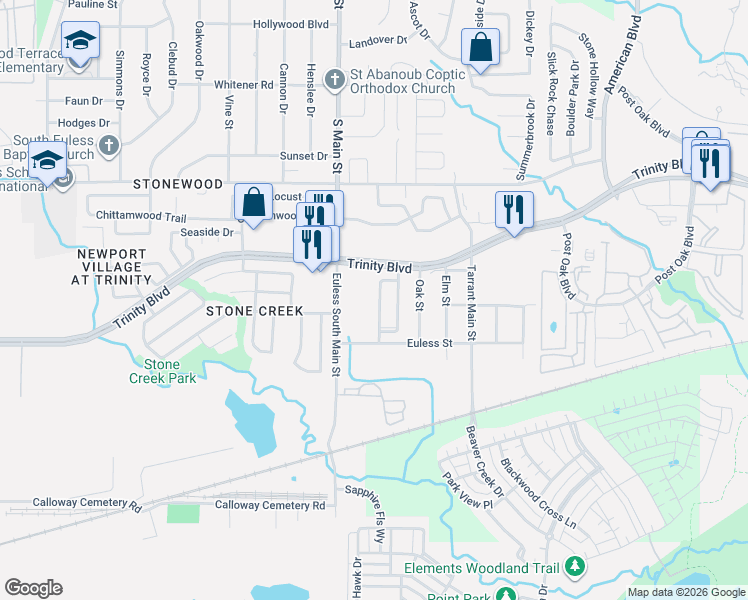 map of restaurants, bars, coffee shops, grocery stores, and more near 3805 Trinity Hills Lane in Euless