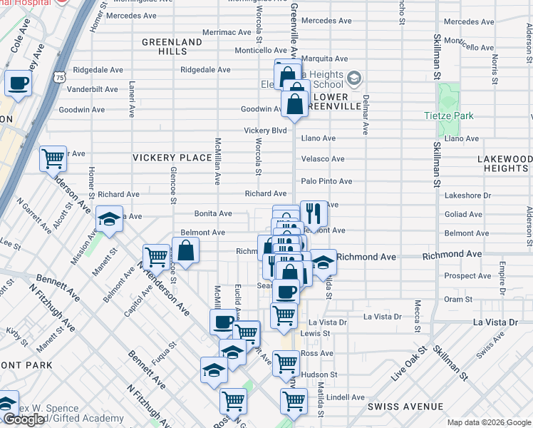 map of restaurants, bars, coffee shops, grocery stores, and more near 5619 Belmont Avenue in Dallas