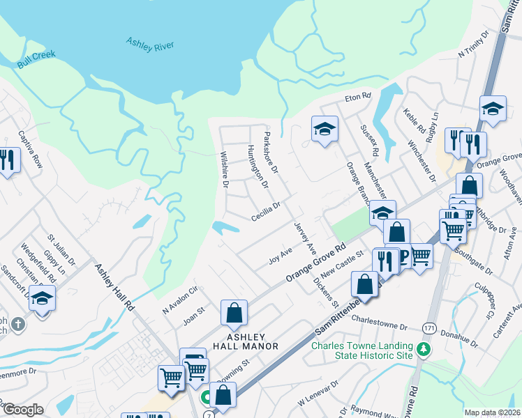 map of restaurants, bars, coffee shops, grocery stores, and more near 1776 Balfoure Drive in Charleston