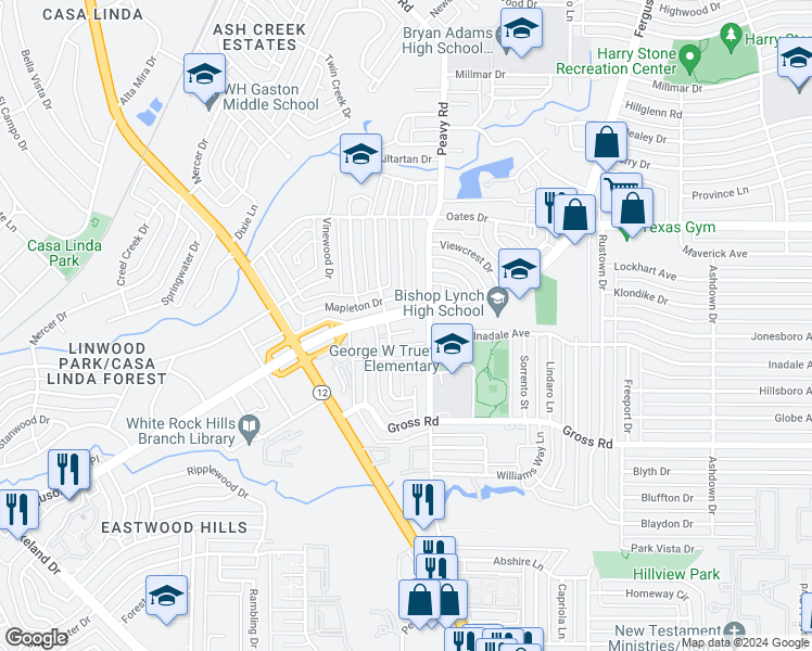 map of restaurants, bars, coffee shops, grocery stores, and more near 2712 Beechmont Place in Dallas