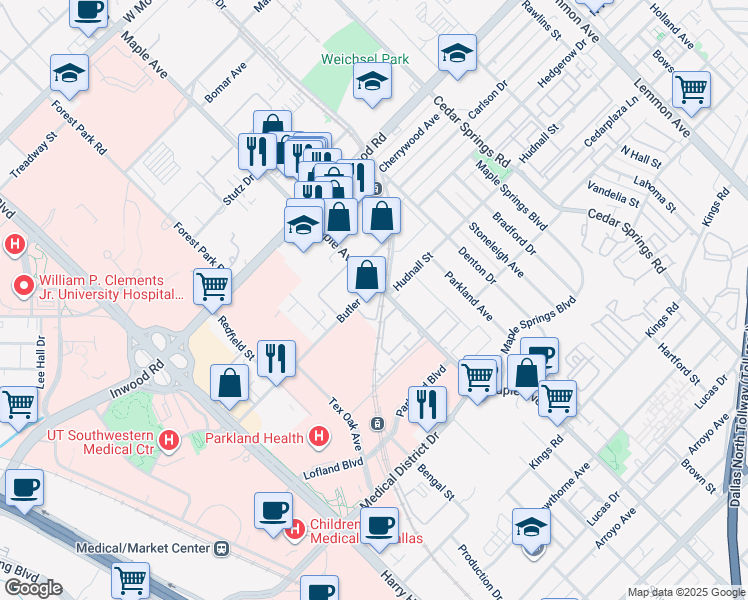 map of restaurants, bars, coffee shops, grocery stores, and more near 5353 Maple Avenue in Dallas
