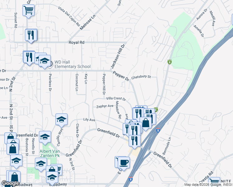 map of restaurants, bars, coffee shops, grocery stores, and more near 1663 Pepper Drive in El Cajon