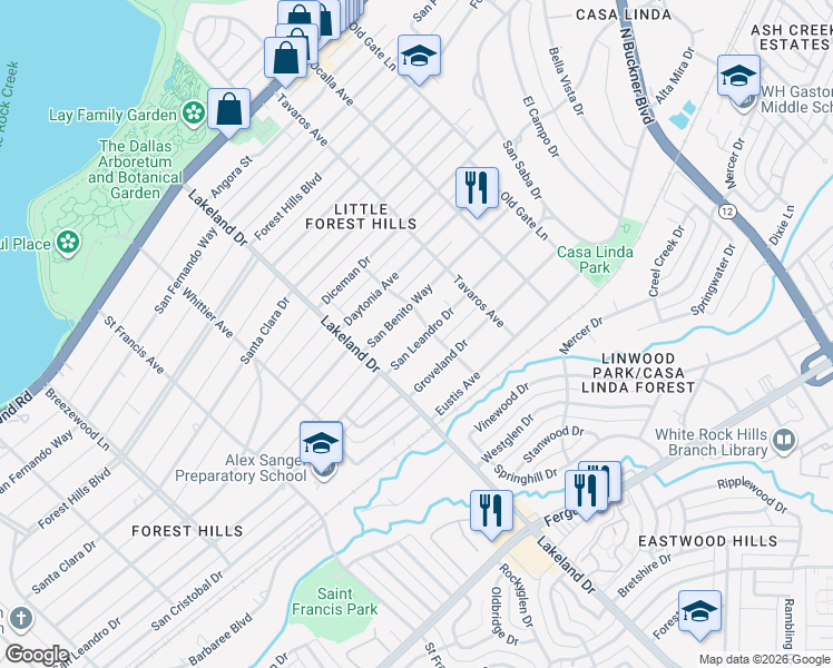 map of restaurants, bars, coffee shops, grocery stores, and more near 8634 San Benito Way in Dallas