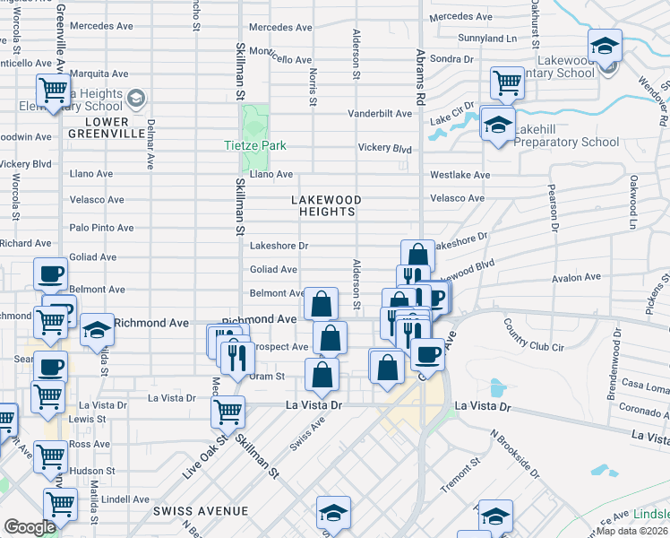 map of restaurants, bars, coffee shops, grocery stores, and more near 6225 Goliad Avenue in Dallas