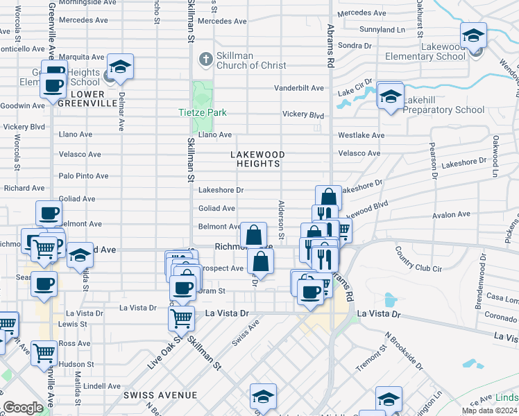 map of restaurants, bars, coffee shops, grocery stores, and more near 6225 Goliad Avenue in Dallas