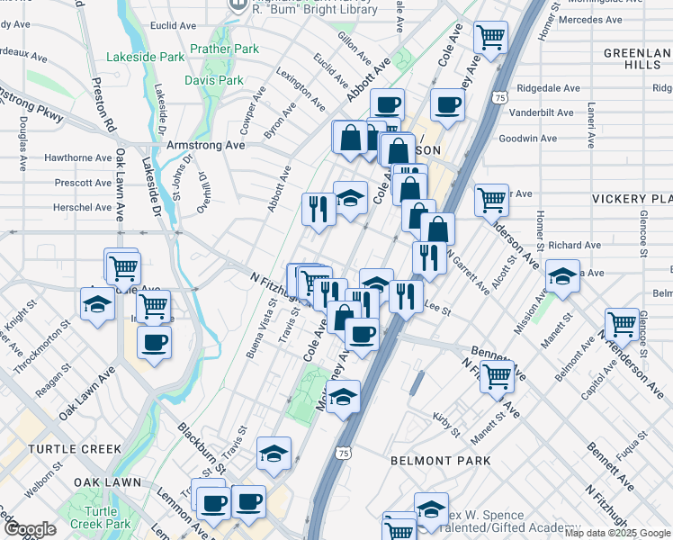 map of restaurants, bars, coffee shops, grocery stores, and more near 104 Lee Street in Dallas