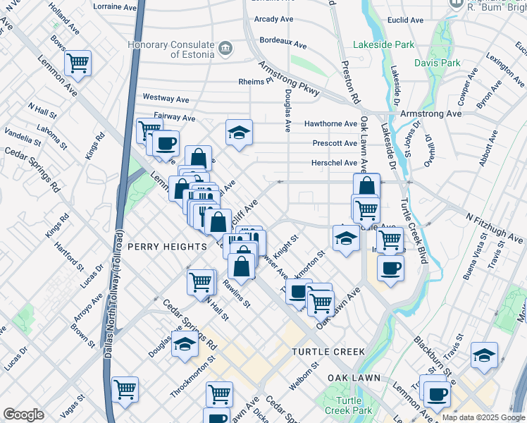 map of restaurants, bars, coffee shops, grocery stores, and more near 4231 Gilbert Avenue in Dallas