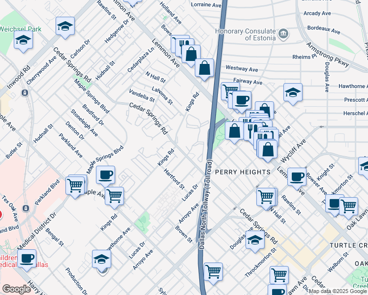 map of restaurants, bars, coffee shops, grocery stores, and more near 4606 Cedar Springs Road in Dallas