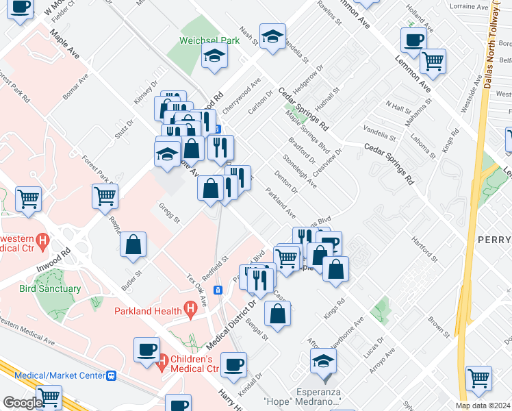 map of restaurants, bars, coffee shops, grocery stores, and more near 5306 Fleetwood Oaks Avenue in Dallas