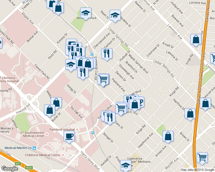map of restaurants, bars, coffee shops, grocery stores, and more near 5306 Fleetwood Oaks Avenue in Dallas