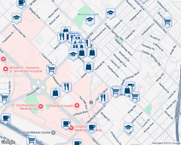 map of restaurants, bars, coffee shops, grocery stores, and more near 5415 Maple Avenue in Dallas