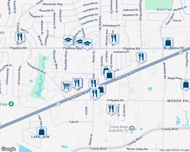 map of restaurants, bars, coffee shops, grocery stores, and more near 3023 West Sycamore Circle in Euless