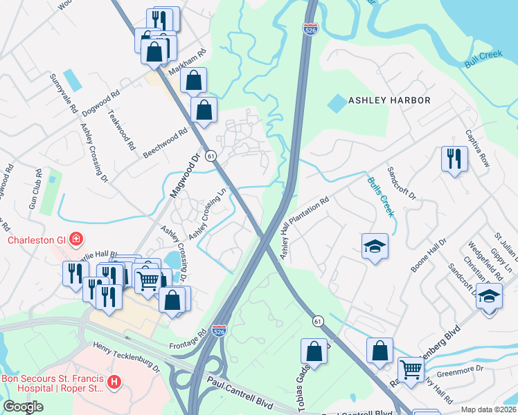 map of restaurants, bars, coffee shops, grocery stores, and more near 2222 Ashley River Road in Charleston