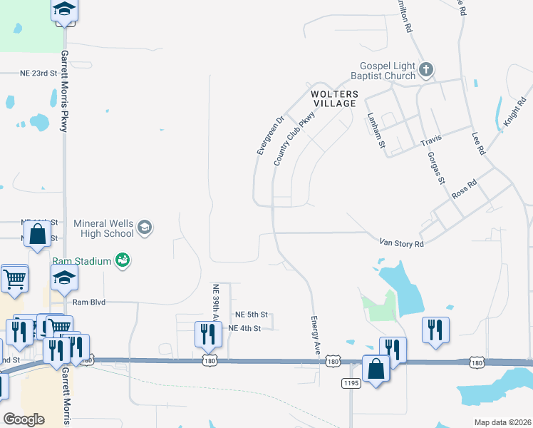 map of restaurants, bars, coffee shops, grocery stores, and more near 117 Evergreen Drive in Mineral Wells