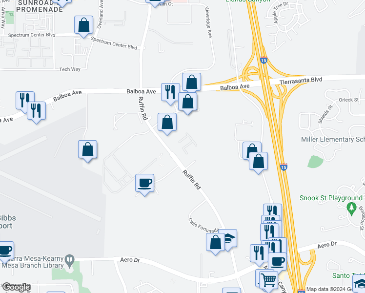 map of restaurants, bars, coffee shops, grocery stores, and more near 4181 Ruffin Road in San Diego