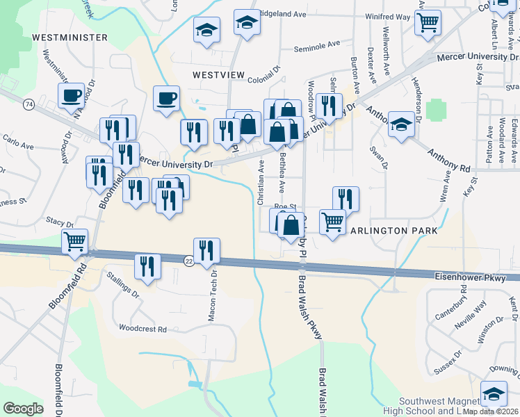 map of restaurants, bars, coffee shops, grocery stores, and more near 1906 Christian Avenue in Macon