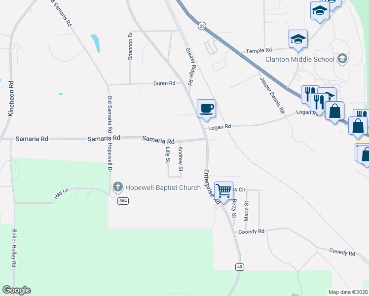 map of restaurants, bars, coffee shops, grocery stores, and more near 905 Samaria Road in Clanton