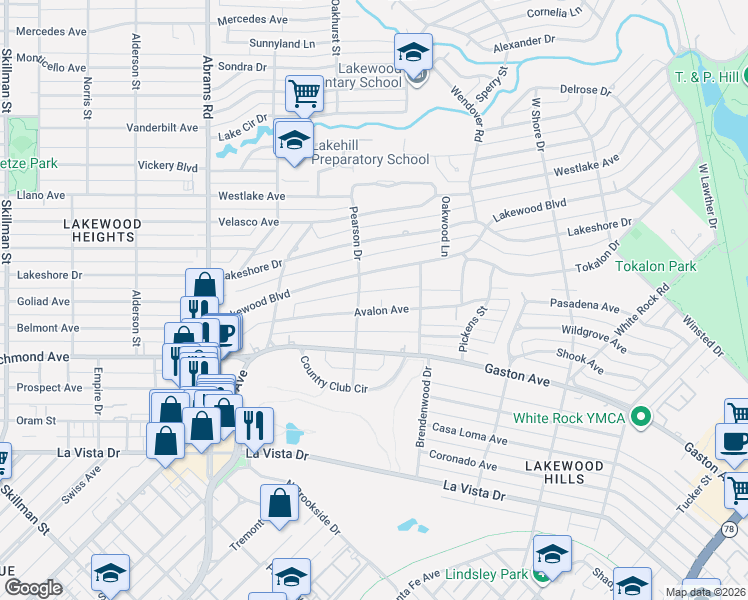 map of restaurants, bars, coffee shops, grocery stores, and more near 6719 Avalon Avenue in Dallas