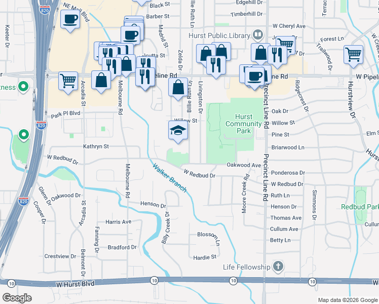 map of restaurants, bars, coffee shops, grocery stores, and more near 521 Livingston Drive in Hurst