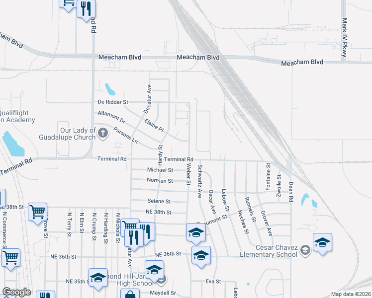 map of restaurants, bars, coffee shops, grocery stores, and more near 1608 Elaine Place in Fort Worth